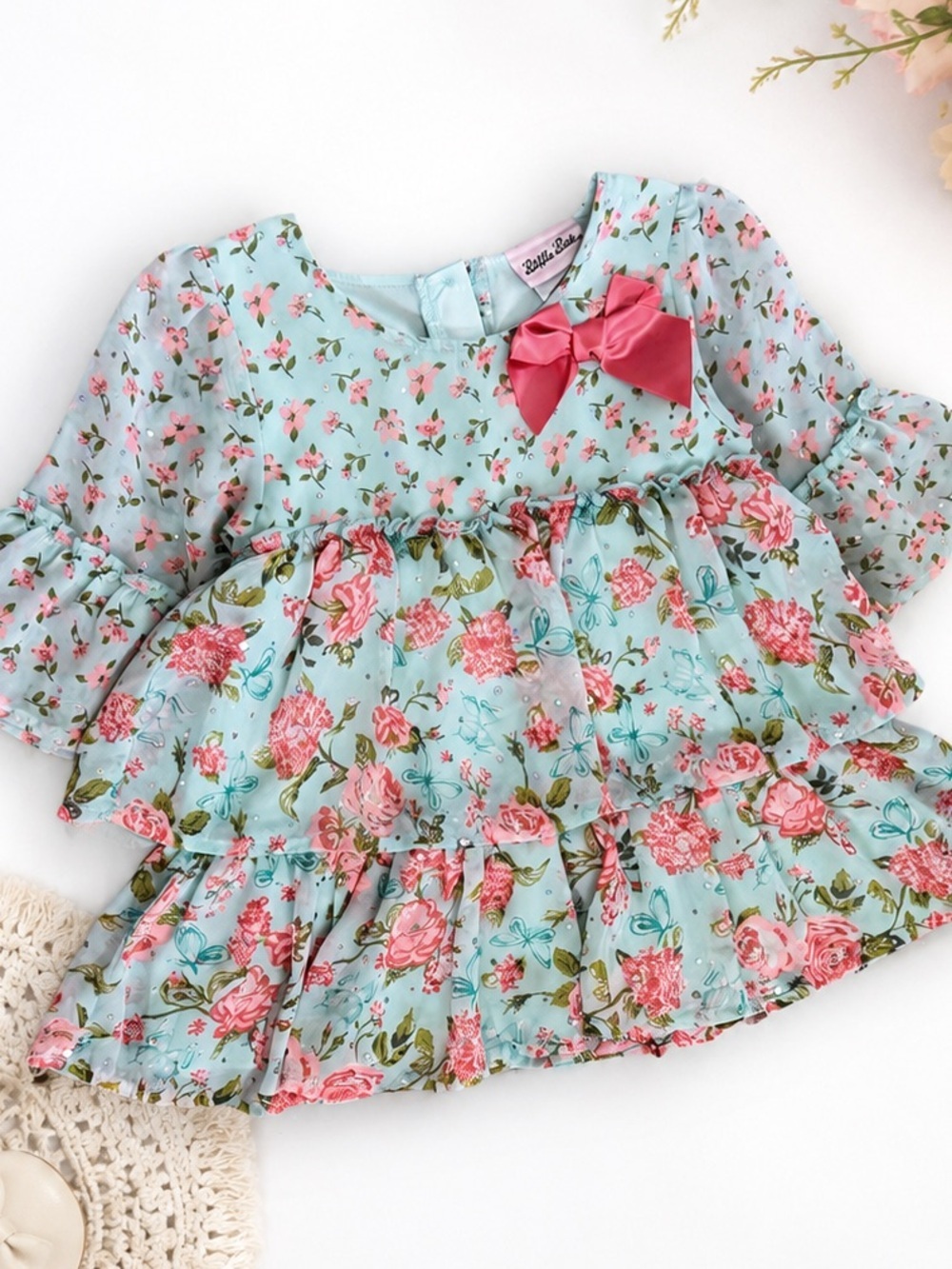 Little Lass mint floral ruffle blouse size 5 little girl 5T Mint & coral